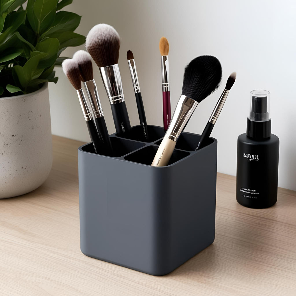 Makeup brushes in a gray holder on a wooden surface with a plant and bottle in the background.