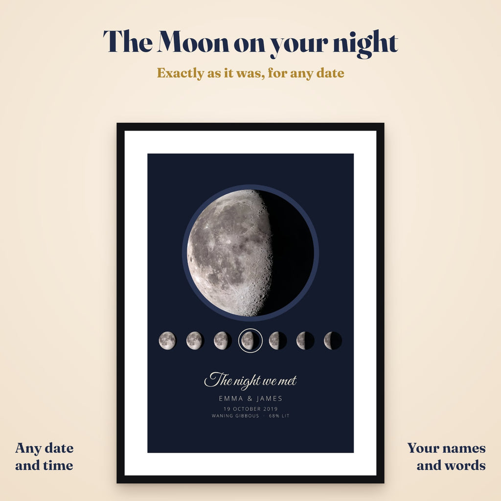 Personalised moon phase print in a black frame: the real Moon on 19 October 2019, with The night we met, Emma & James