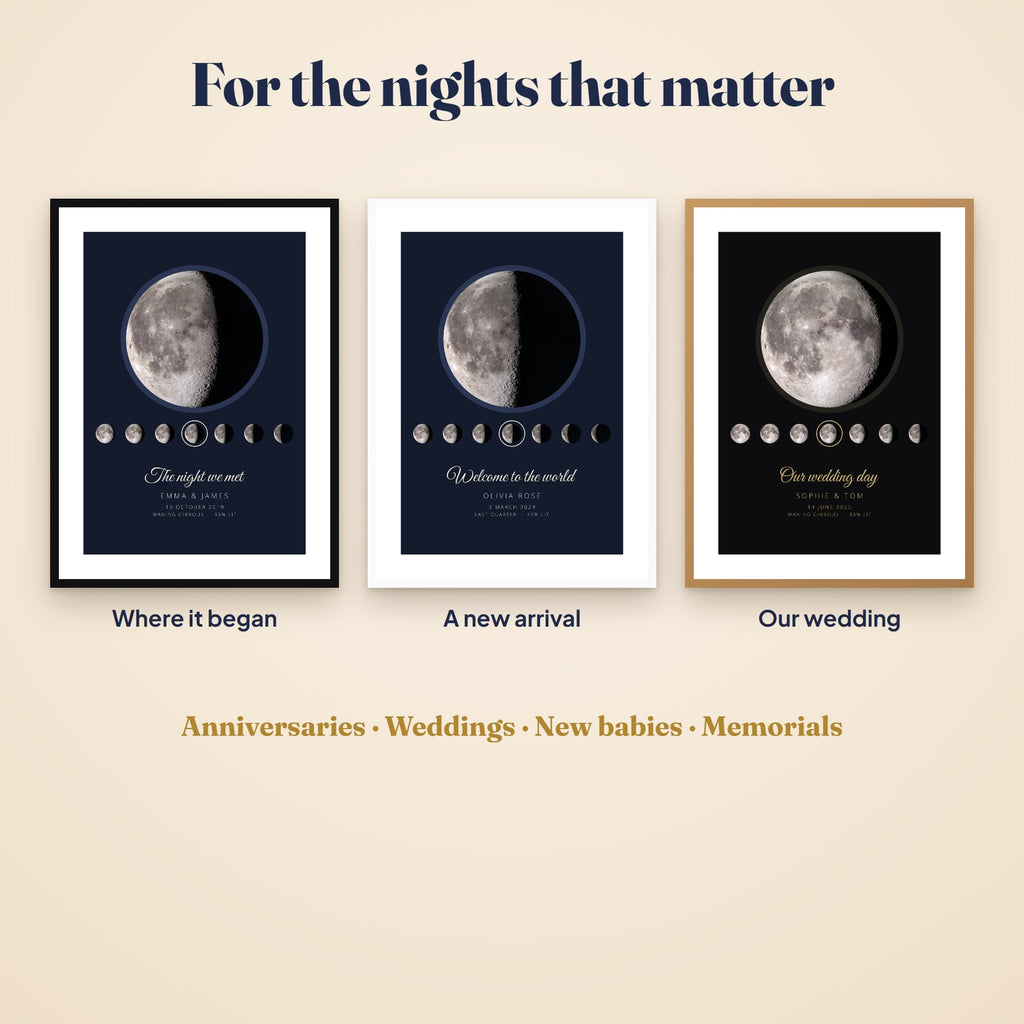 Three moon phase prints: the night we met, welcome to the world for a new baby, and our wedding day