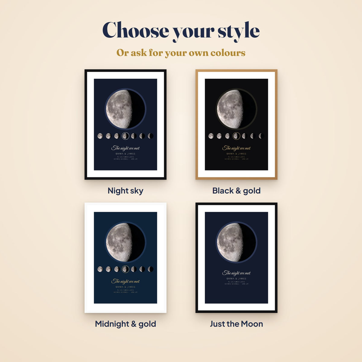 The moon phase print in four styles: night sky, black and gold, midnight and gold, and just the Moon