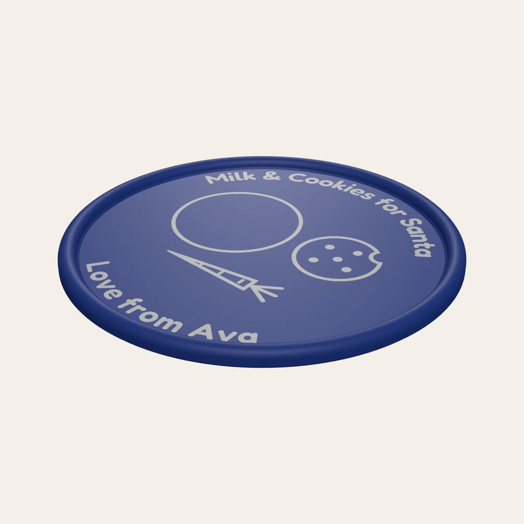 Personalised Santa plate in navy and silver: milk, cookie and carrot drawings and "Love from Ava"