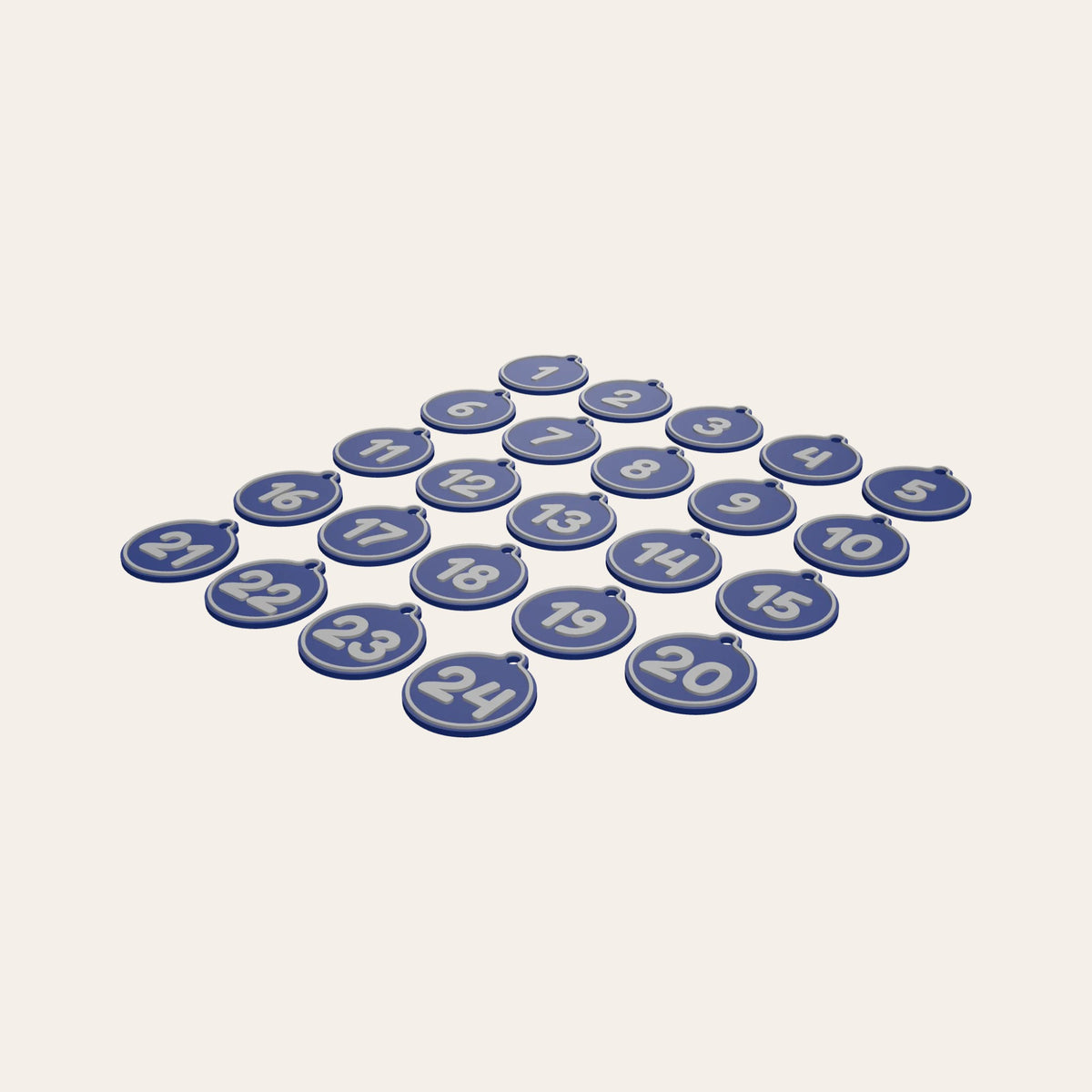 Advent calendar numbers 1 to 24 in navy and silver, each a round tag with a hole
