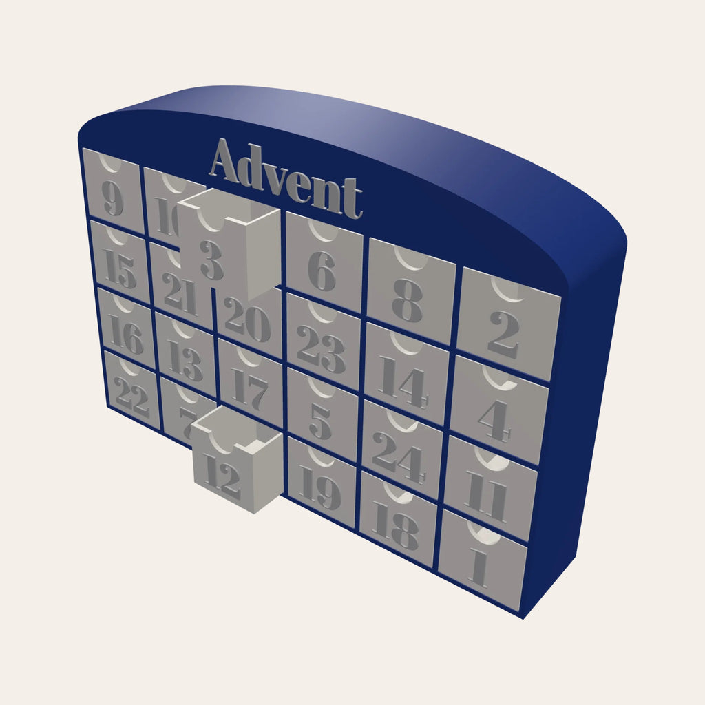 Personalised advent calendar cabinet in navy and silver with 24 numbered drawers and a word on the arched top