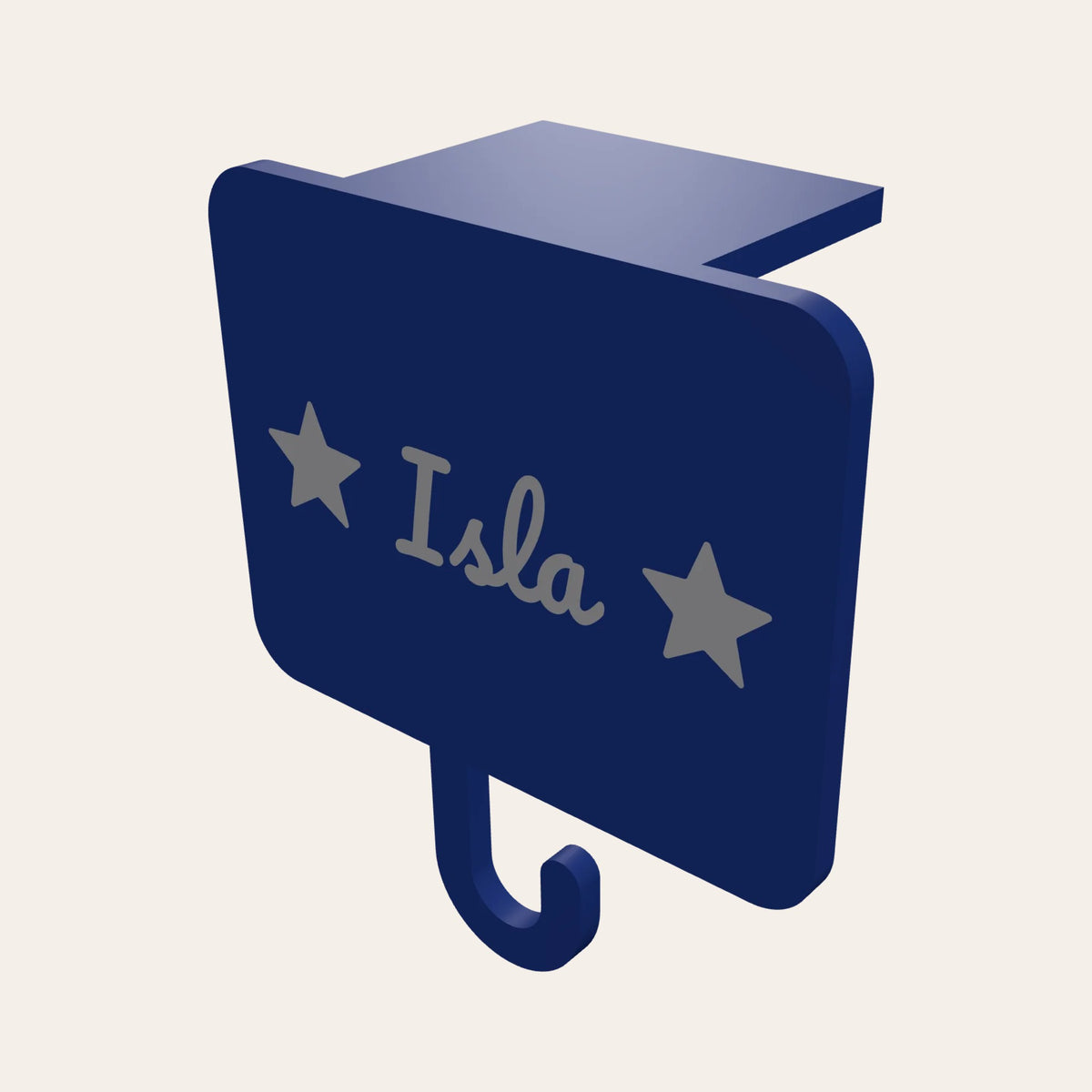 Personalised stocking holder in navy and silver: a name plaque with stars, a mantel clip and a hook