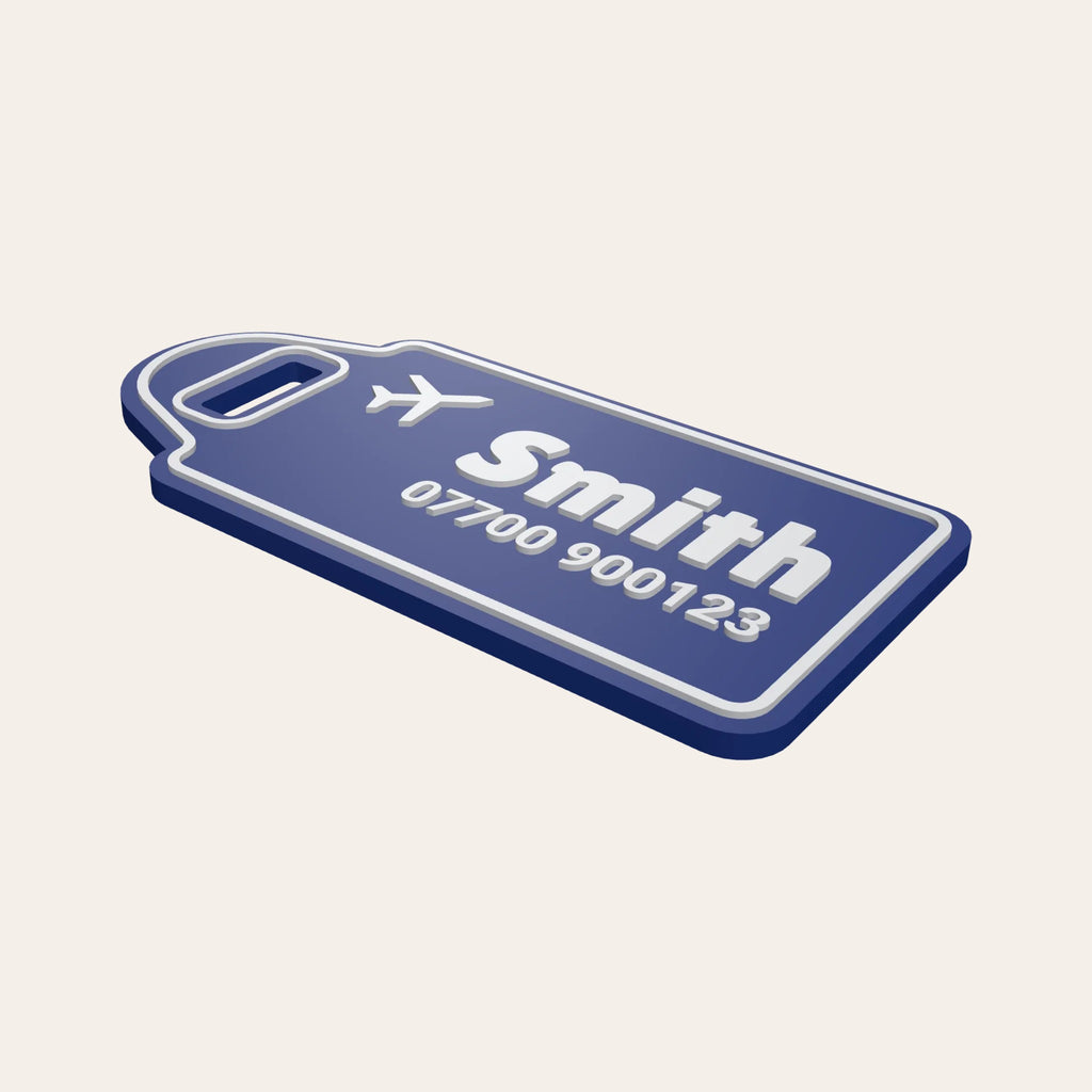 Navy & White personalised luggage tag with a plane icon, the name Smith and a phone number