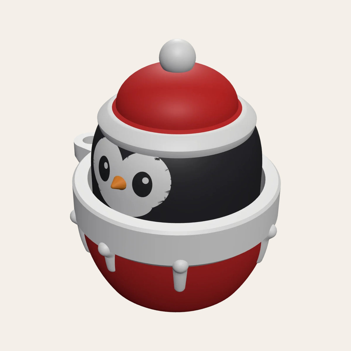 Christmas clicker fidget keyring: a cute penguin in a Santa hat peeping out of a red and white snowy pot
