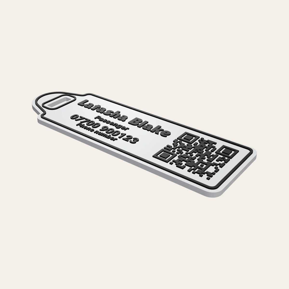 White luggage tag with black writing and a black QR code, for the easiest scanning