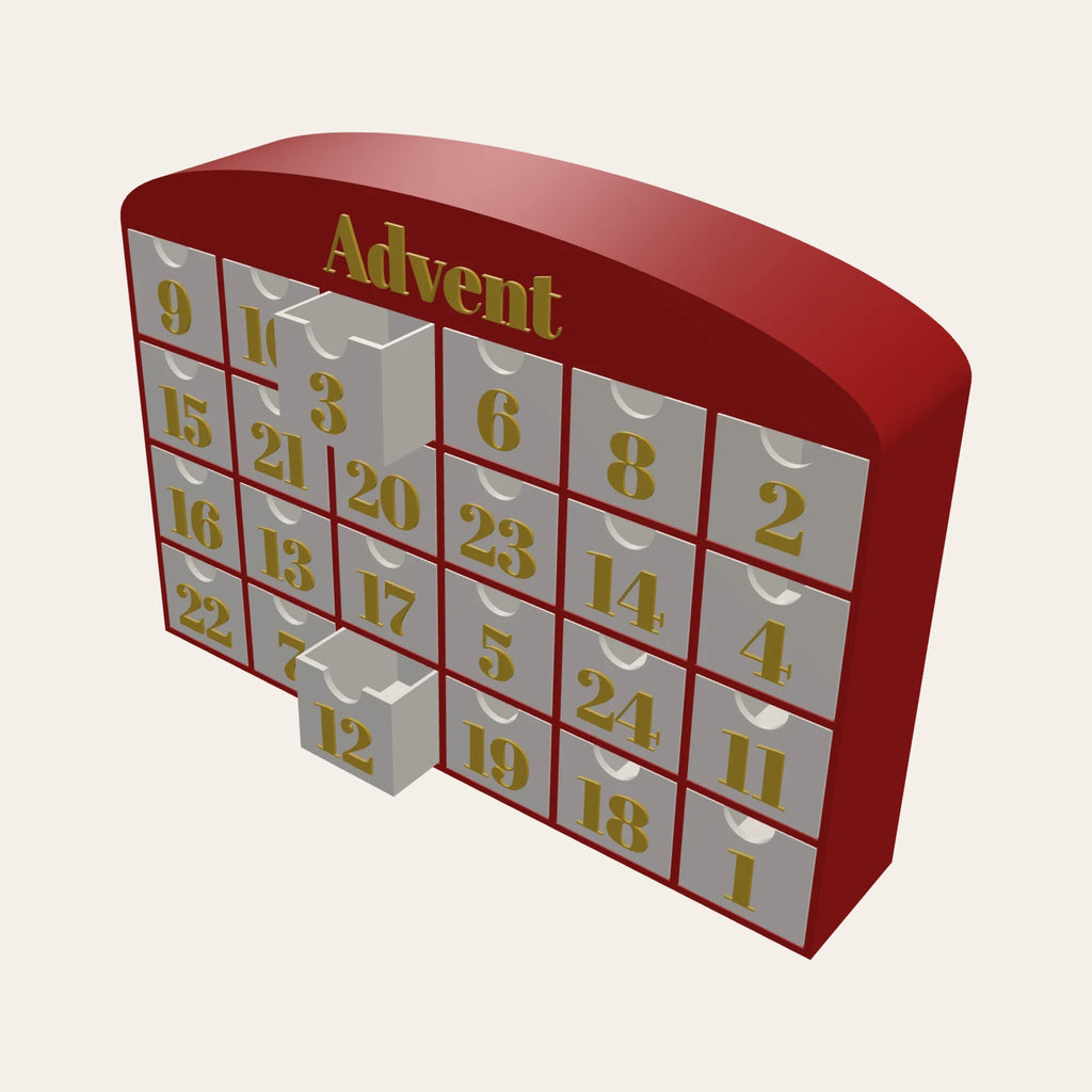 Personalised advent calendar cabinet in red and gold with 24 numbered drawers and a word on the arched top