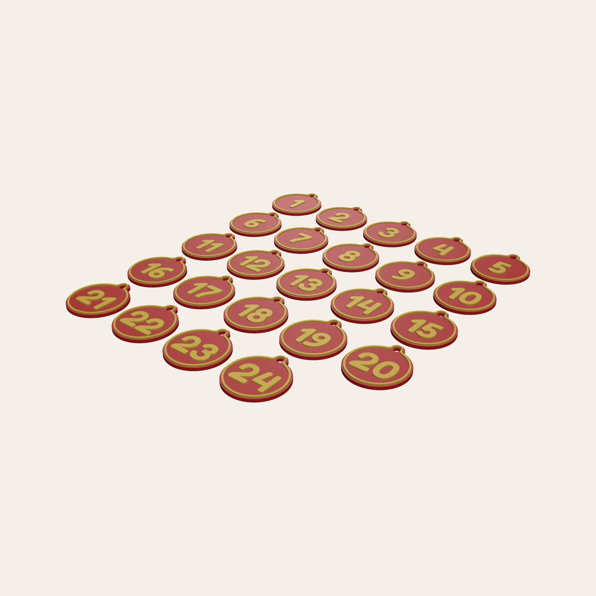 Advent calendar numbers 1 to 24 in red and gold, each a round tag with a hole