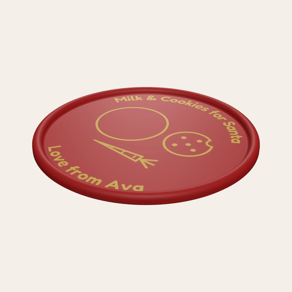 Personalised Santa plate in red and gold: milk, cookie and carrot drawings and "Love from Ava"
