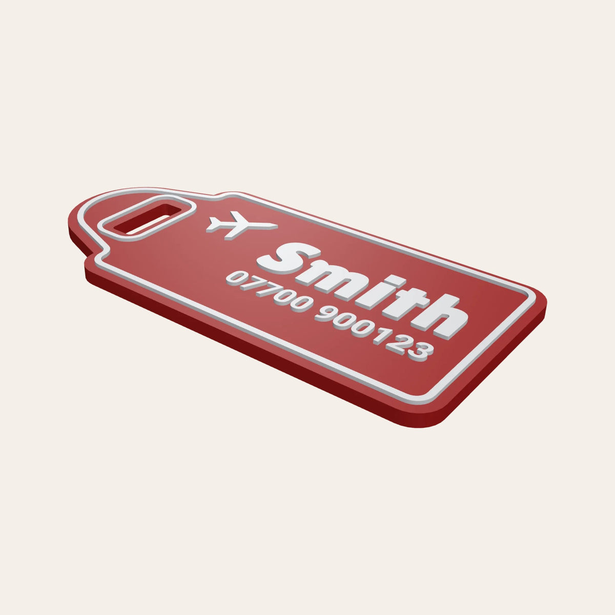 Red & White personalised luggage tag with a plane icon, the name Smith and a phone number