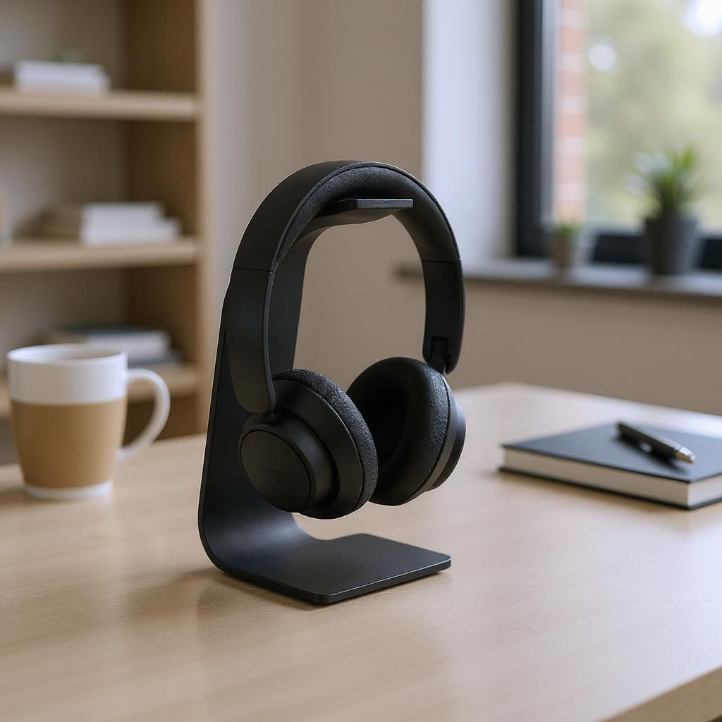Black headphones on a stand on a desk with a cup and notebook in the background