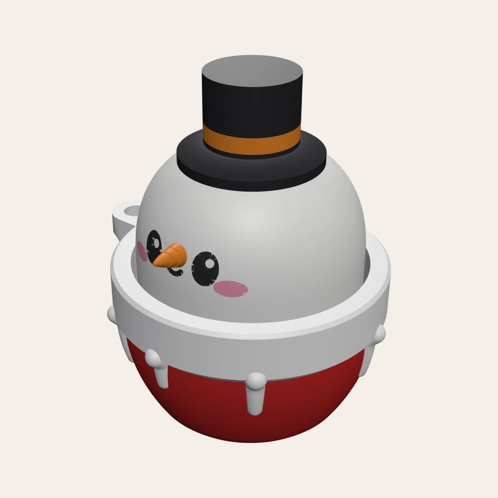 Christmas clicker fidget keyring: a cute snowman in a top hat peeping out of a red and white snowy pot