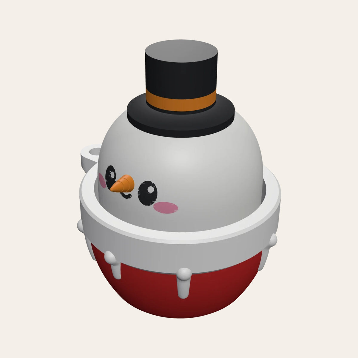 Christmas clicker fidget keyring: a cute snowman in a top hat peeping out of a red and white snowy pot