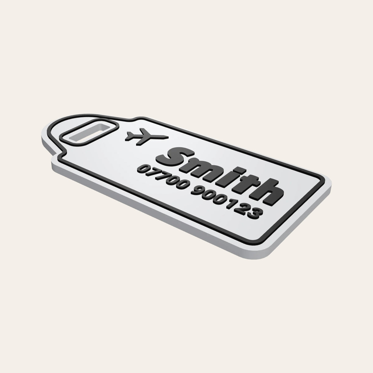 White & Black personalised luggage tag with a plane icon, the name Smith and a phone number