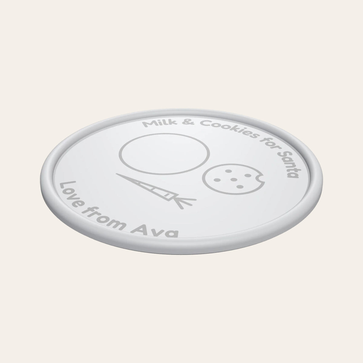 Personalised Santa plate in white and silver: milk, cookie and carrot drawings and "Love from Ava"