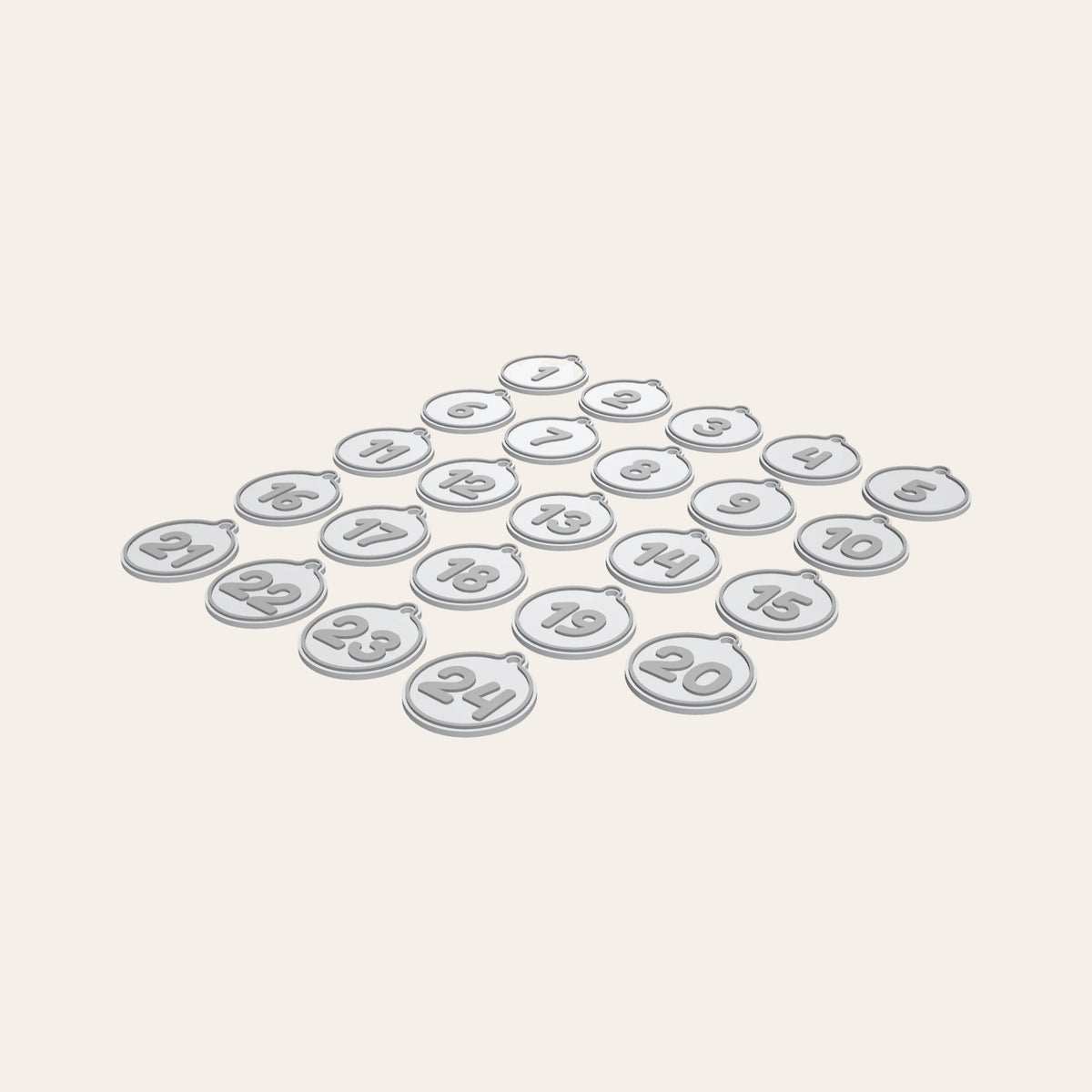 Advent calendar numbers 1 to 24 in white and silver, each a round tag with a hole