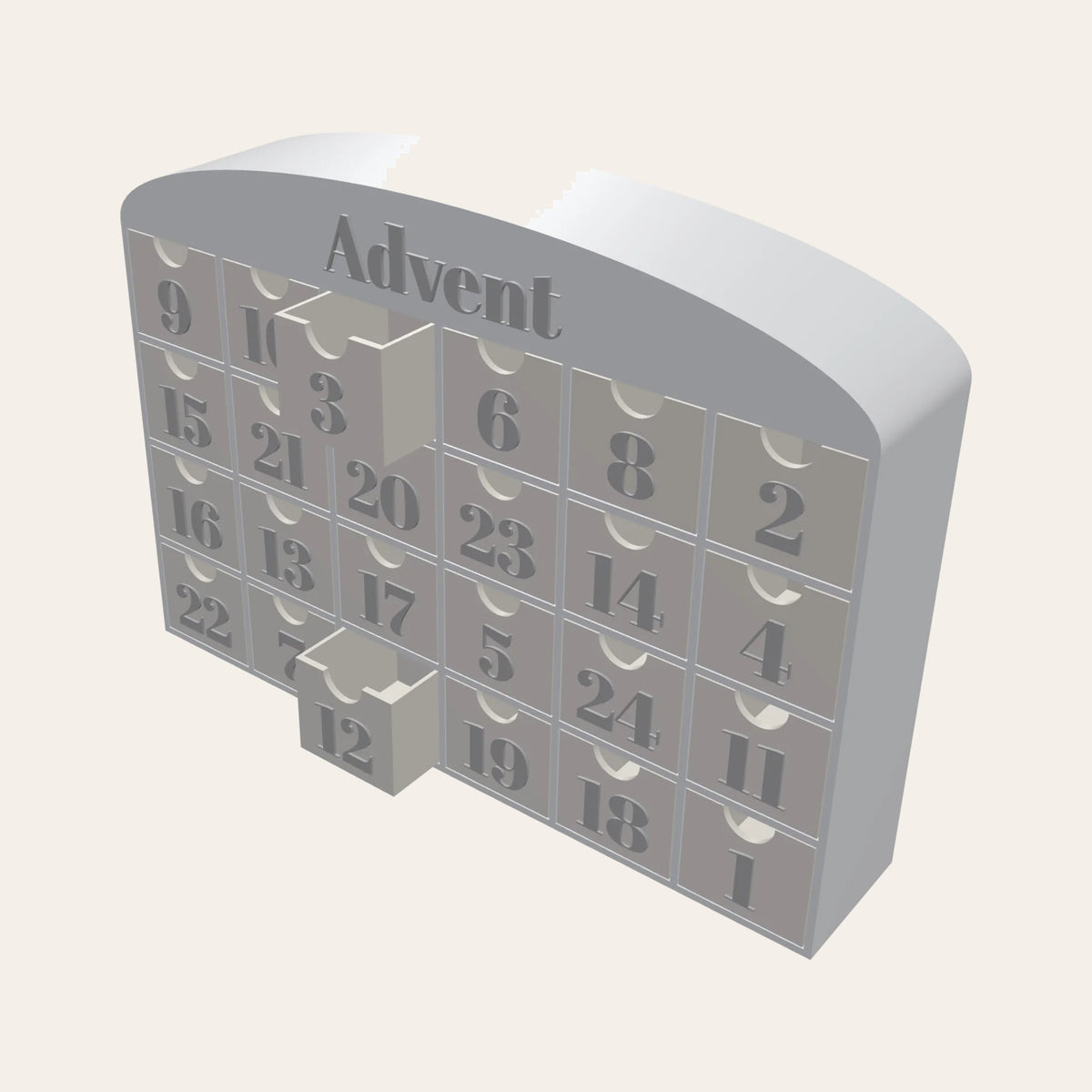 Personalised advent calendar cabinet in white and silver with 24 numbered drawers and a word on the arched top